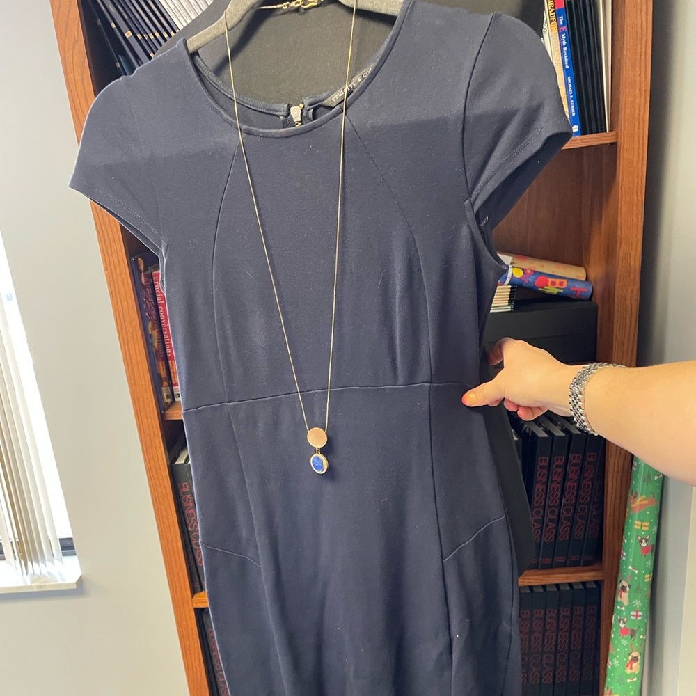 Navy cap sleeve gold zipper sheath dress